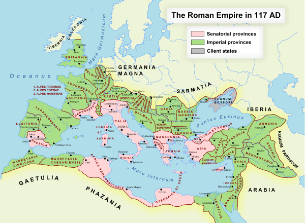The Roman Empire at its greatest extent under Trajan in 117 AD