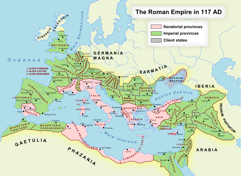Map showing the extent of the Roman Empire in 117 AD