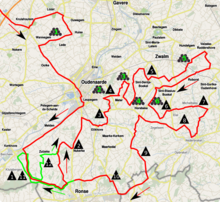 First lap of the circuit (red) and transition to the second lap (green). Ronde van Vlaanderen 2016 lap1.png