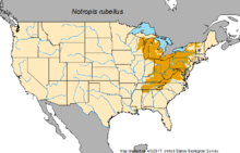 Orange areas of map show rosyface shiner distribution across the continental United States Rosyface Shiner Distribution.png