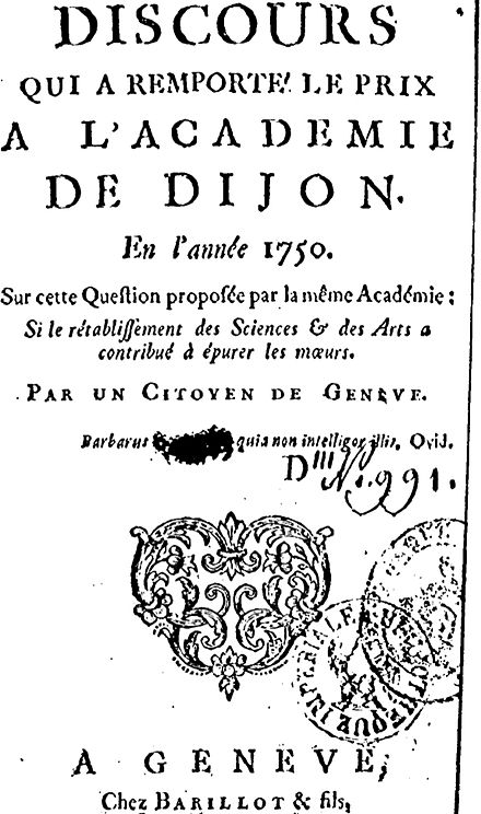 Titelblatt von Rousseaus Discours sur les Sciences et les Arts. 1750