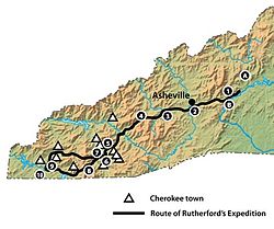 Map of the route taken by the Rowan County Regiment in the Cherokee Expedition, known today as the Rutherford Trace Rutherford trace map.jpg
