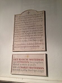 Plaque to Charles Masterman and his wife Lucy Saint Giles Church, Camberwell plaque to Charles Masterman.jpg