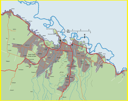 Map of Apia showing Tuanamato in the western part of the city Samoa Apia Map01.png