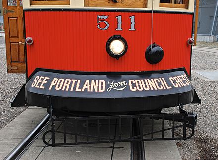 The cars were replicas of trolley cars that served Portland's Council Crest line from 1904 to 1950, and carried this marketing slogan that had once been worn by the original cars.