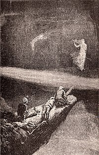 Image depicting She, Holly, Leo, and Job journeying to the underground cavern containing the Pillar of Life. Ayesha stands on one side of a deep ravine, having crossed over using a plank of wood as a demonstration of its safety. She beckons the three Englishmen to follow her. A great beam of light divides the darkness about them.