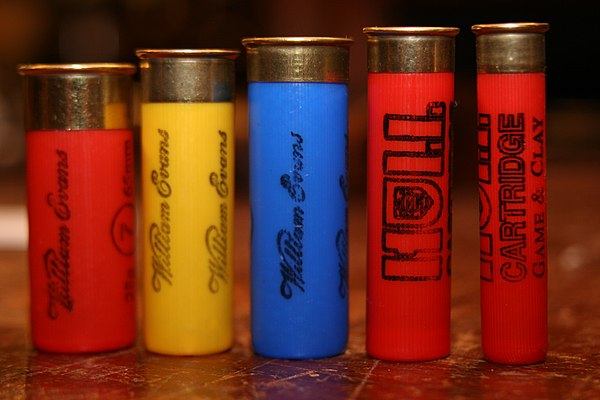 Shotgun shell comparison (left to right): 12-gauge, 20-gauge, 16-gauge, 28-gauge, and .410 bore