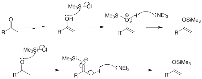 酮與三甲基氯矽烷反應並用弱鹼處理生成烯醇矽醚。