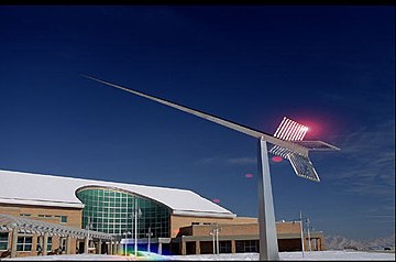 Solar Wind (2000). 28' high; stainless steel and polymer prisms. Wind and light interactive. Utah Arts Council, Salt Lake Community College. SolarWind 2000.jpg