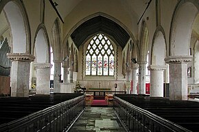 Looking east, showing the Norman arcades and the east window St Nicholas, New Romney, Kent - East end - geograph.org.uk - 323013.jpg