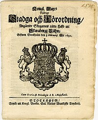 The title page of Stadga och Förordning Angående Skogarnes rätta Häfd uti Skaraborgz Lähn (1691). (68.9 Mpx)