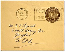 Postal stationery envelope with a 6d post-paid impression paying the domestic printed matter rate in 1970 from Dublin to Youghal, County Cork. Stamp Irl 6dpse.jpg