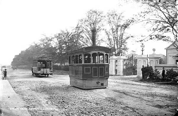Steam tram at the gates of Chichester Park, 1897