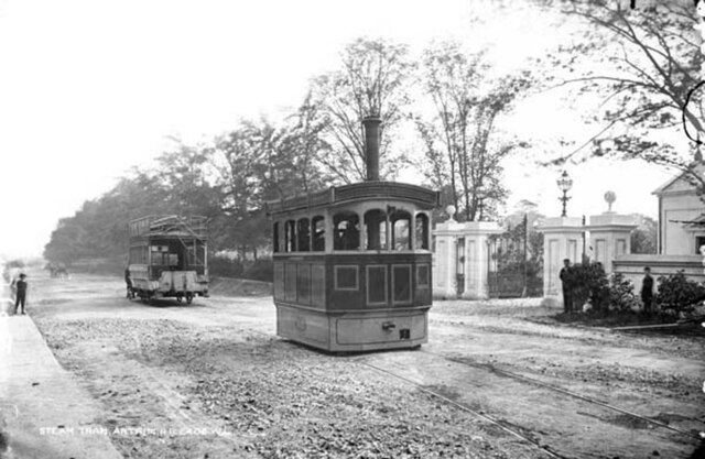 Steam tram at the gates of Chichester Park, 1897