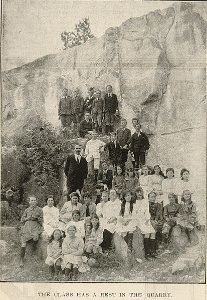 Students of East Brisbane State School having a geology lession at the Albion quarries, 1918