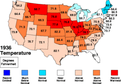 The 1936 North American heat wave caused record-setting temperatures in eight US states. Summer 1936 US Temperature.gif