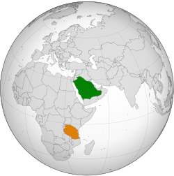 Mapa indicando locais da Arábia Saudita e da Tanzânia