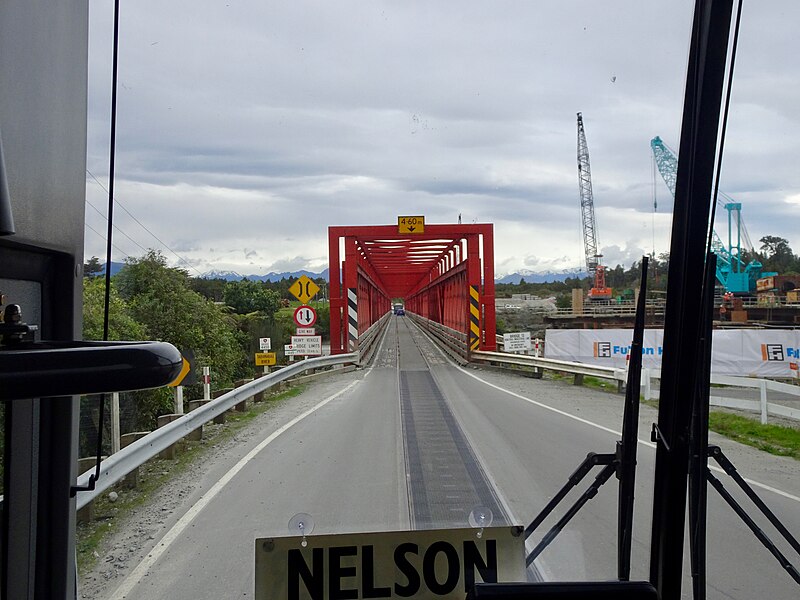 File:Taramakau road-rail bridge and road bridge being built viewed from southbound InterCity bus.jpg