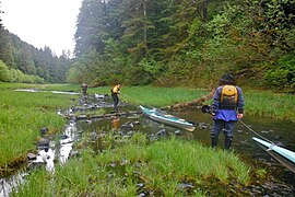 Walkable waterways too shallow to paddle may be tagged portage=yes.