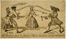 The Modern Duel as Acted in Miss in her Teens, at Covent Garden. Print, published by Samuel Lyne, London, c. 1747. The Modern Duel.jpg