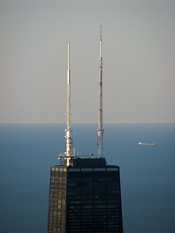 WSNS-TV initially broadcast from the east mast of the John Hancock Center, seen here in 2009