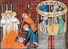 Burning witches, with others held in stocks, 14th century Torturing and execution of witches in medieval miniature.jpg