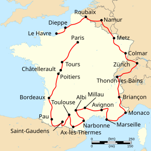 Route of the 1955 Tour de France Followed clockwise, starting in Le Havre and finishing in Paris