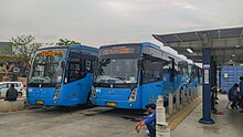 The Hino bus fleet that serves Corridor 14 at Jakarta International Stadium BRT station Transjakarta 14 and 14A Buses at JIS.jpg