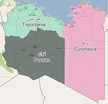 Map of Libya's regions: Tripolitania, Fezzan and Cyrenaica. Tripolitania-fezzan-cyrenaica.jpg