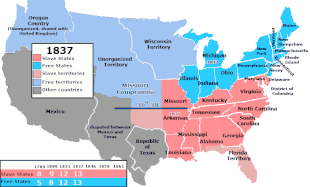 With the statehood of Arkansas in 1836, the number of slave states grew to 13, but the statehood of Michigan in 1837 maintained the balance between slave and free states. US SlaveFree1837.gif