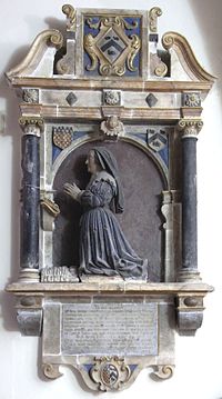 Mural monument to Ursula Strode (d.1635), 1st wife of Sir John Chichester (d.1669) of Hall. South wall of chancel, Bishop's Tawton Church UrsulaChichesterBishopsTawton.JPG