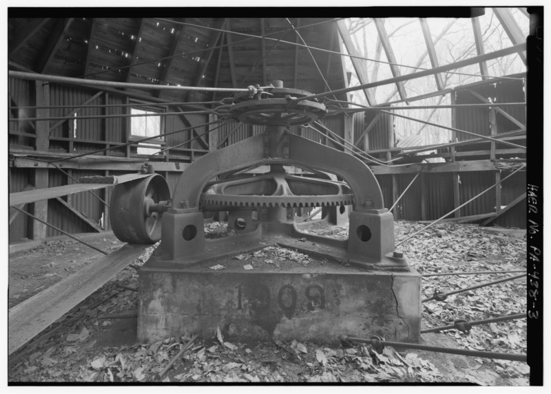 File:VIEW NORTHWEST, ECCENTRIC AND GEARED WHEEL. - South Penn Oil Company, G. M. Mead Lot 492 Lease, Morrison Run Field, Clarendon, Warren County, PA HAER PA,62-CLAR.V,1-3.tif