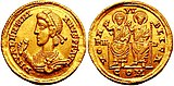 Solidus of Valentinian II with Theodosius I on the reverse, each holding a mappa