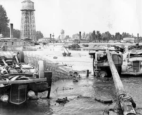 Overturned cars in the aftermath of the Vanport flood, 1948