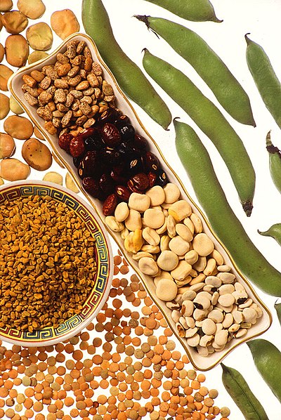 A selection of dried pulses and fresh legumes