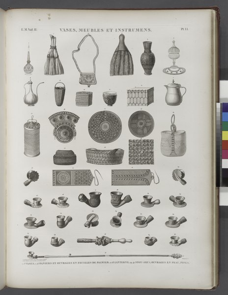 File:Vases, meubles et instrumens. 1-6. Vases; 7-16. Paniers et ouvrages en feuilles de palmier; 17.18. Lanterne; 19-42. Sygy (jeu), ouvrages en peau, pipes (NYPL b14212718-1268868).tiff