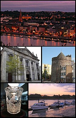 From top, left to right: Waterford Skyline by night, Holy Trinity Cathedral, Reginald's Tower, a piece of Waterford Crystal, Waterford Marina.