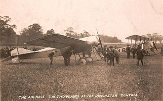 The Blackburn Type I and Avro 504 at the Doncaster control. Wars of the Roses air race, 1913.jpg