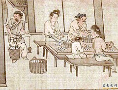 Man wearing shanku, Weighing and sorting the cocoons, from the painting Sericulture, Southern Song dynasty, c.1200 AD.