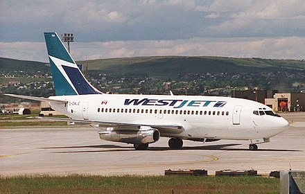One of WestJet's Boeing 737-200s at Calgary International Airport, July 1998