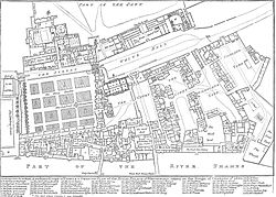 Map of Whitehall in 1680, showing the Palace of Whitehall and Scotland Yard. To the west of Holbein Gate, the road was known as The Street. Whitehall1680.jpg