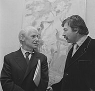 photo of Karel Appel (left) and Willem de Kooning (right) in conversation, September 1968; - quote of Karel Appel about De Kooning, 1990: 'And his painting is like the wind, like a breeze blowing the paint across the canvas, so unreal, so loose and far away from the worldly life'