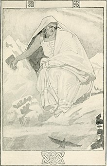 Print of old woman holding a hammer with a background of  mountains