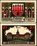 10 Pfennig "Notgeld" banknote of Zerbst (1921), RV: museum.