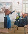 Tableau de mission peint par le R.P. Cariou au début du XXe siècle : une catéchiste enseignant à sept femmes