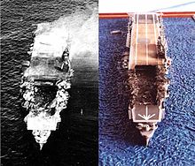 A 1/700 scale diorama of Japanese aircraft carrier Hiryu based on the left photo captured during the Battle of Midway 1.700 scale IJN Hiryu Battle of Midway.jpg