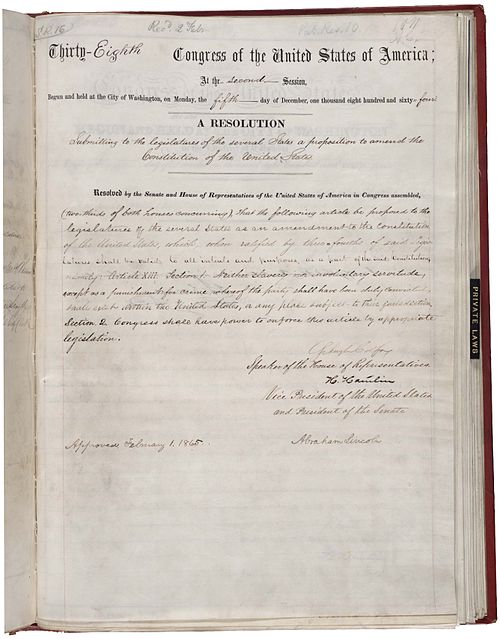 13th Amendment in the National Archives, bearing the signature of Abraham Lincoln