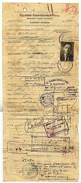 1920 EEF Laissez-passer issued at Jerusalem, British-occupied Palestine.