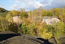 Un terril semi-conique de teinte rouge et blanche en partie couvert d'arbres.