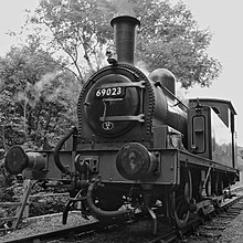 Ex-LNER/BR J72 0-6-0T 69023 Joem sitting at Constable Burton, on the Wensleydale Railway, between runs on a footplate experience course.